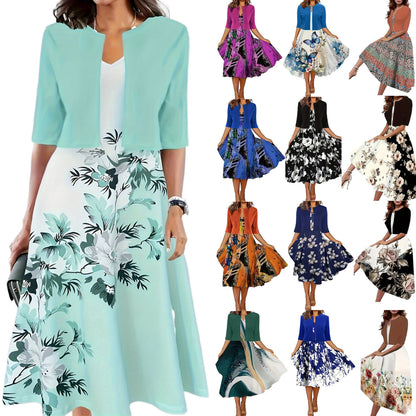 Two - piece long dress with floral and grass print, round neckline - UrbanNest Co