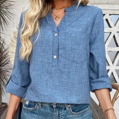 V - Neck Blouse With Pockets,Elegant And Classic Design,Machine - UrbanNest Co