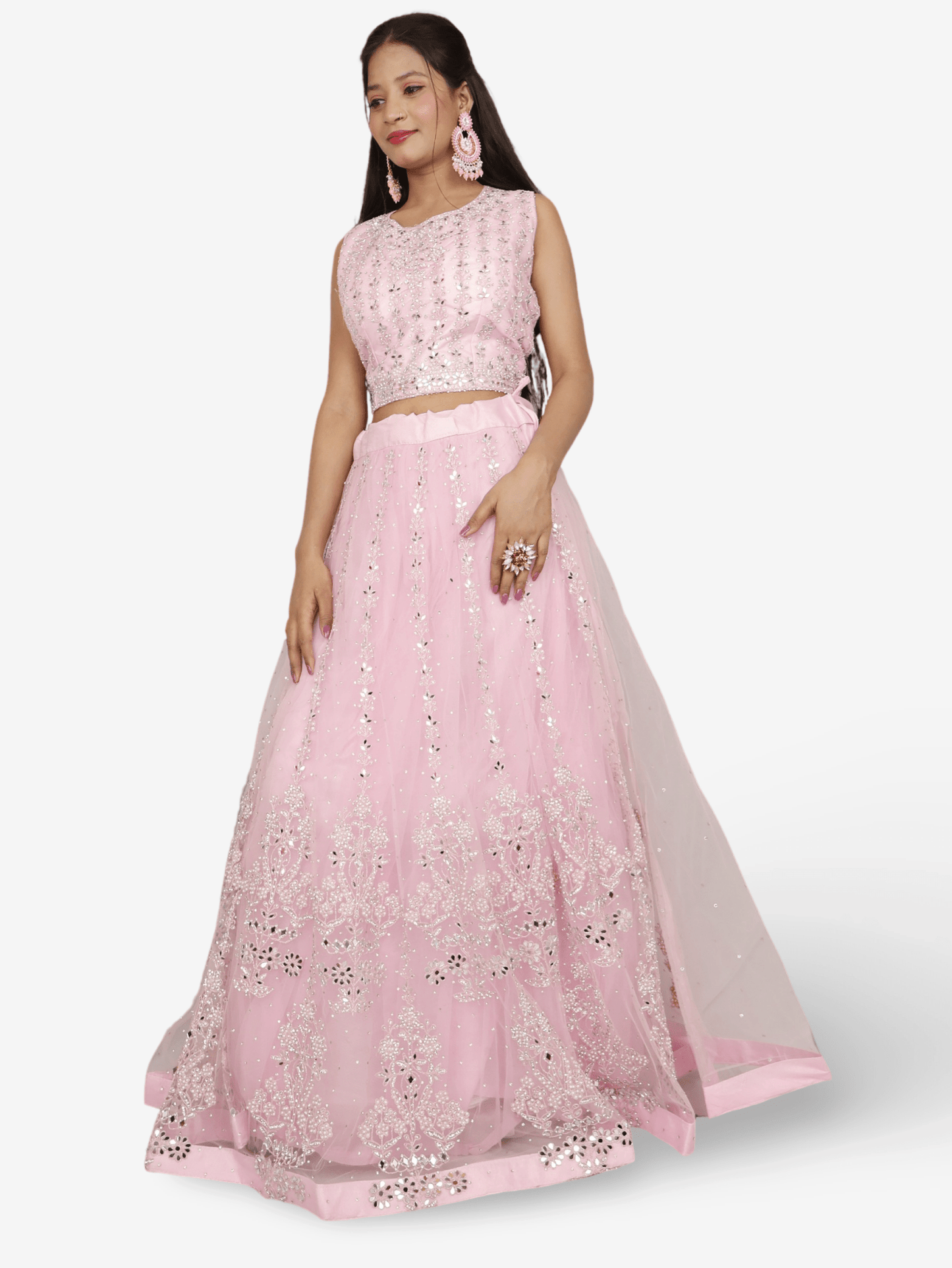 Beautiful mirror and stone work on this pink lehenga set for women by Shreekama - UrbanNest Co