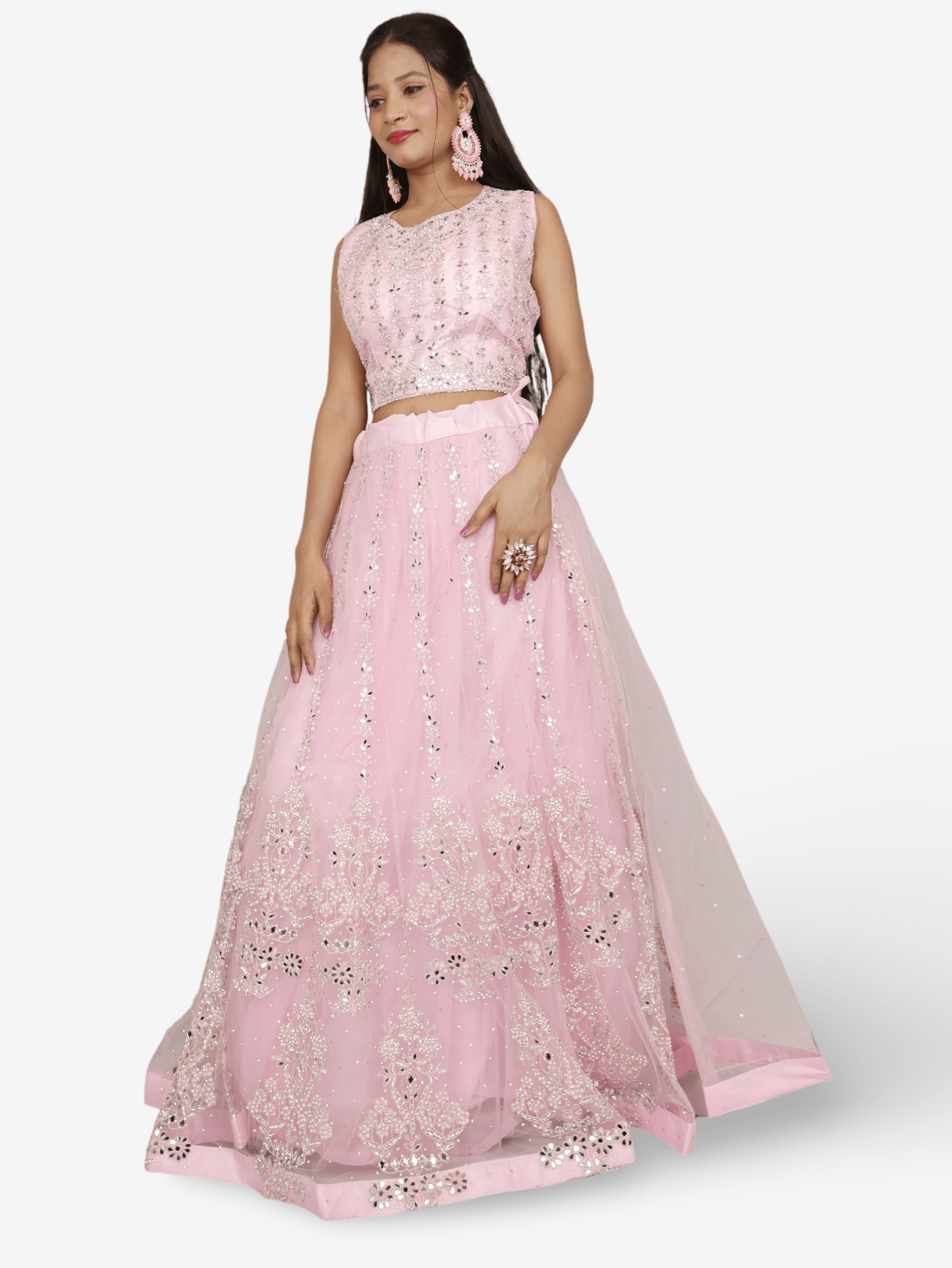 Beautiful mirror and stone work on this pink lehenga set for women by Shreekama - UrbanNest Co