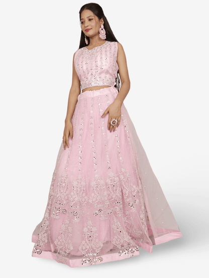 Beautiful mirror and stone work on this pink lehenga set for women by Shreekama - UrbanNest Co