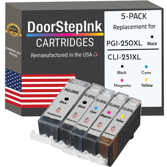 DoorStepInk Brand for Canon 1 PGI - 250XL Black / CLI - 251XL 1 Black and 3 Colors Remanufactured in the USA Ink Cartridges 5 - Pack - UrbanNest Co