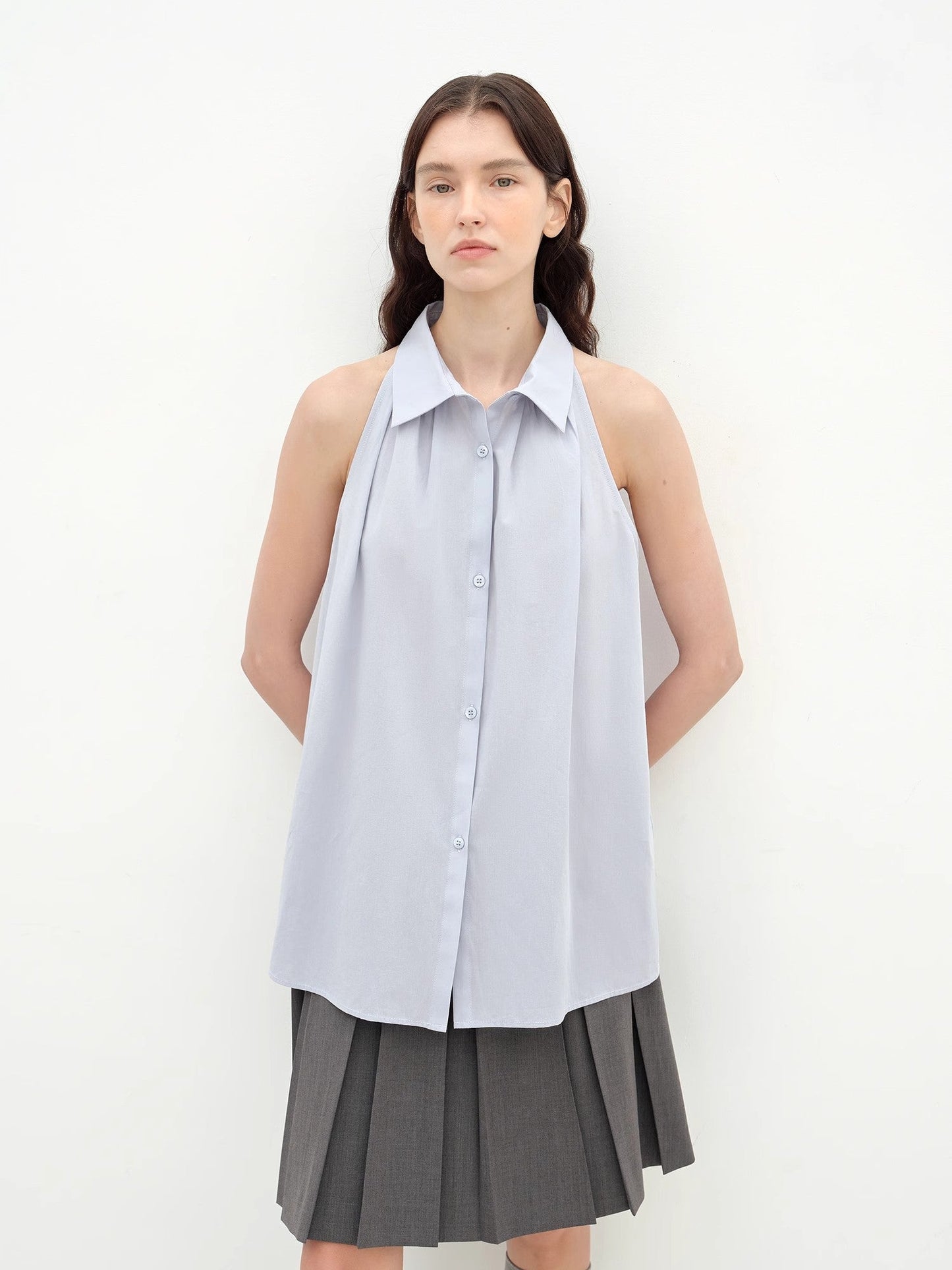 "Poland Island" imported pure cotton stand - up collar sleeveless striped shirt temperament top for women - UrbanNest Co
