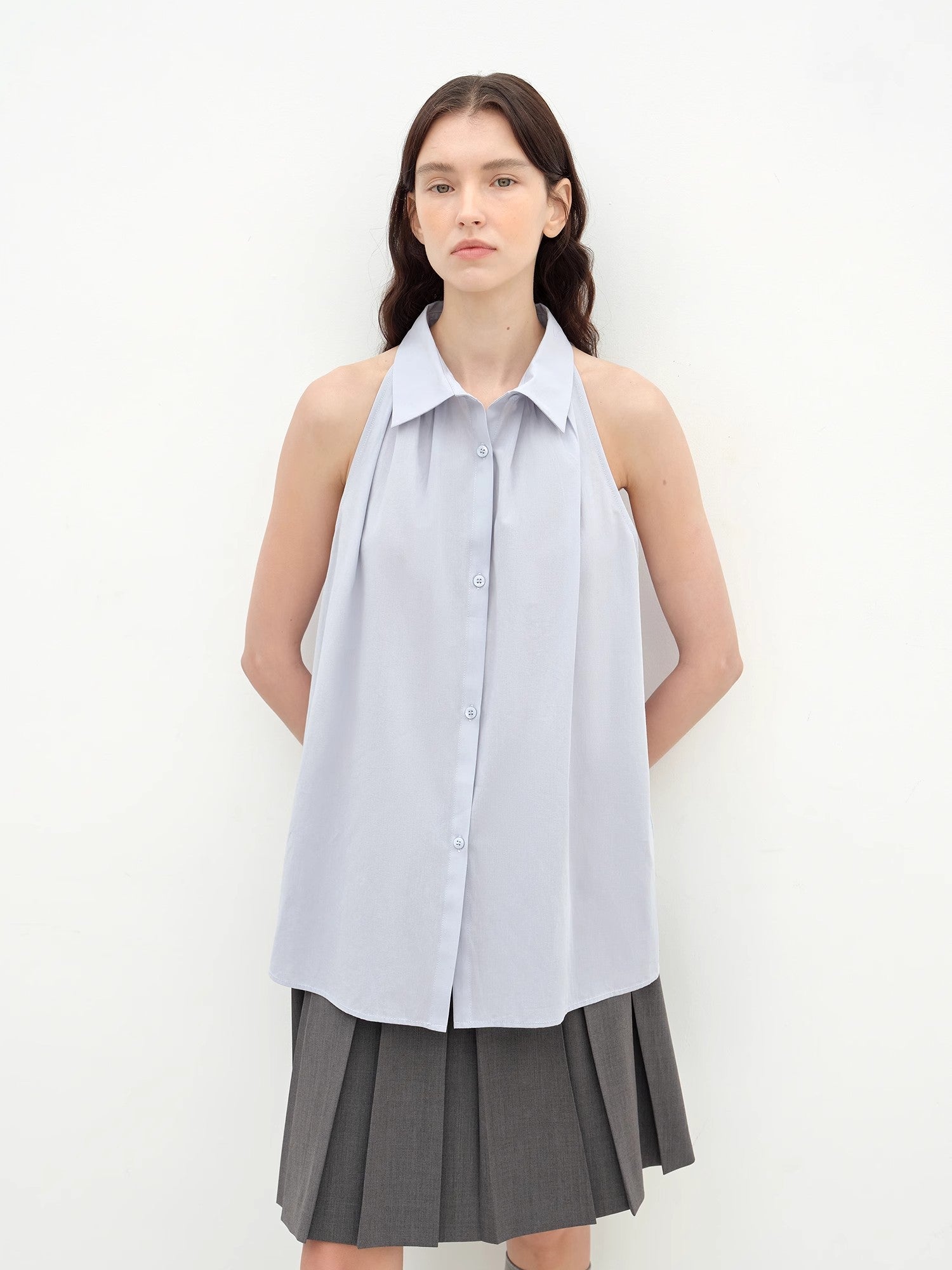 "Poland Island" imported pure cotton stand - up collar sleeveless striped shirt temperament top for women - UrbanNest Co