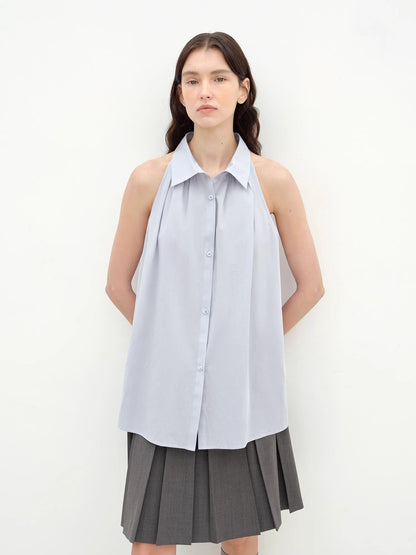 "Poland Island" imported pure cotton stand - up collar sleeveless striped shirt temperament top for women - UrbanNest Co
