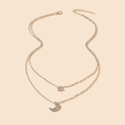 Dainty Silvery Layered Chain Rhinestone Decor Moon Star Pendant Necklace Women Daily Dating Birthday Gift Jewelry - UrbanNest Co