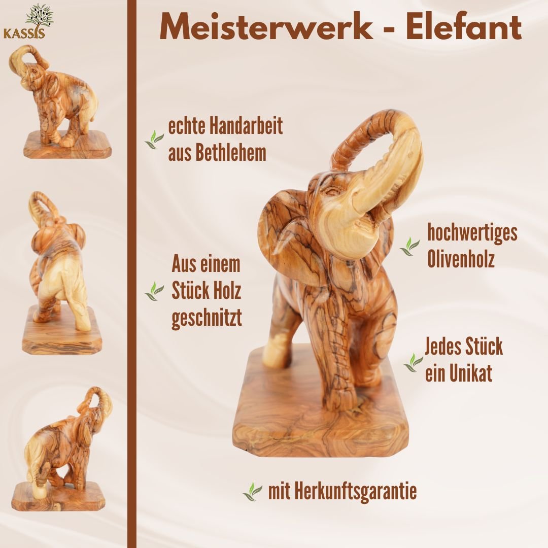 Handgeschnitzter Elefant aus Olivenholz – Exklusive Holzskulptur aus Bethlehem (20 cm) - UrbanNest Co