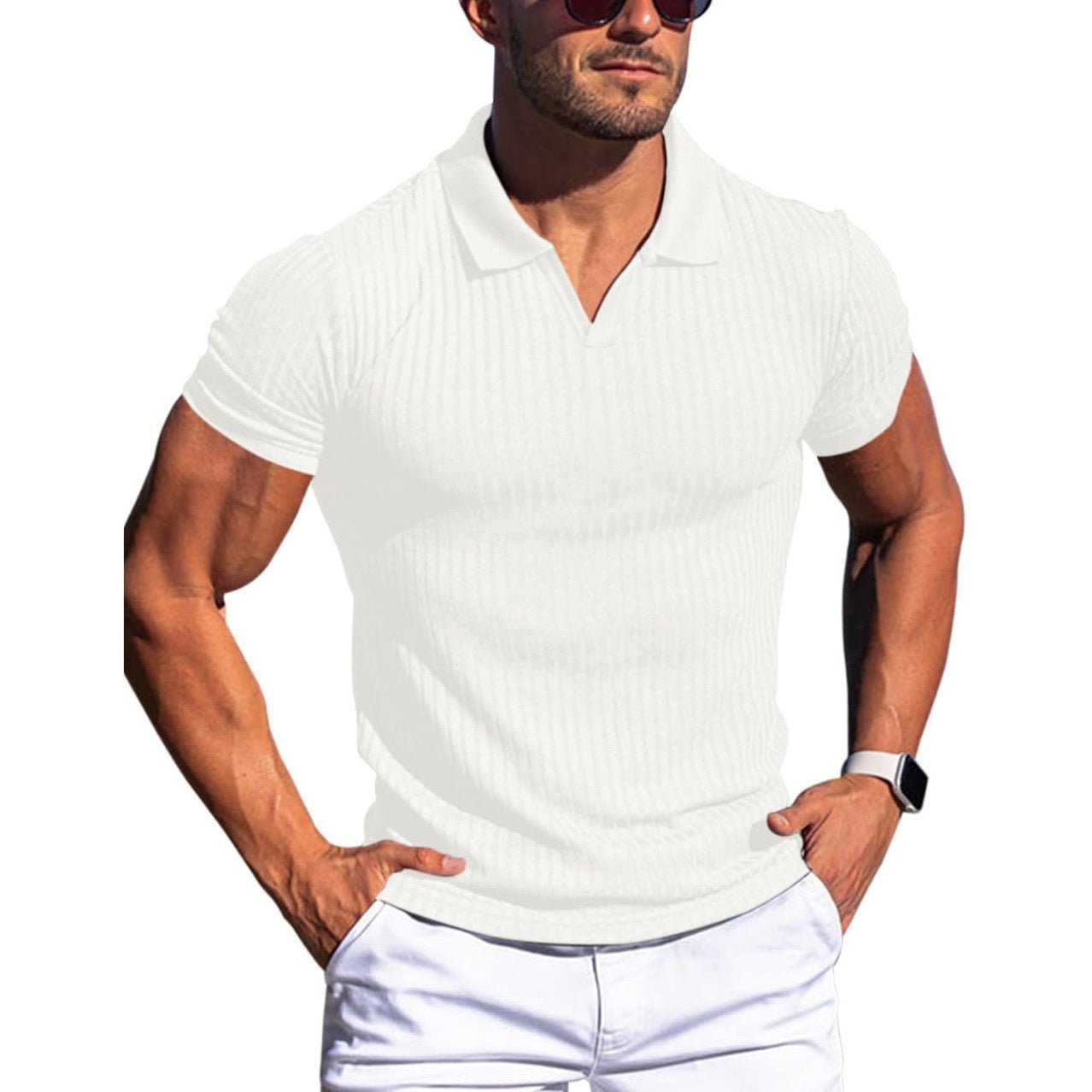 Men's POLO shirt, lapel, men's T-shirt, V - neck, short - sleeved, vertical striped POLO shirt - UrbanNest Co
