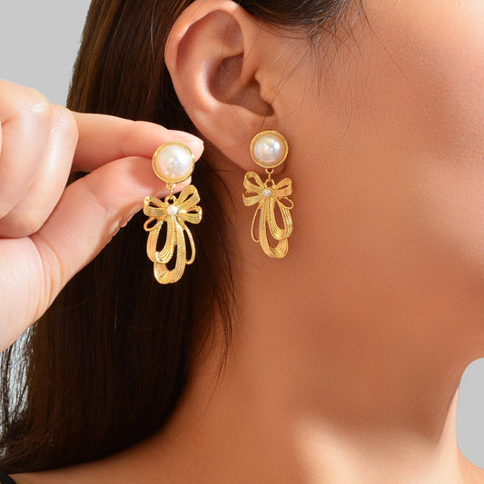 Imitation Pearl Decor Golden Bow Dangle Earrings Party Daily Festival Jewelry Gift - UrbanNest Co