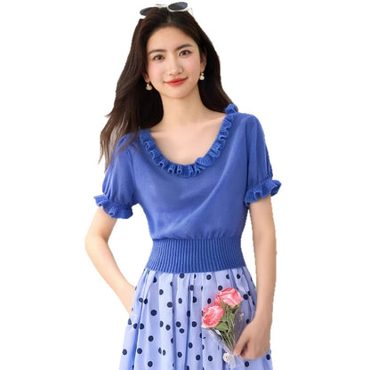 Elegant V - Neck Lace Knit Top for Women Chic and Youthful Look, Perfect for Petite Figures - UrbanNest Co