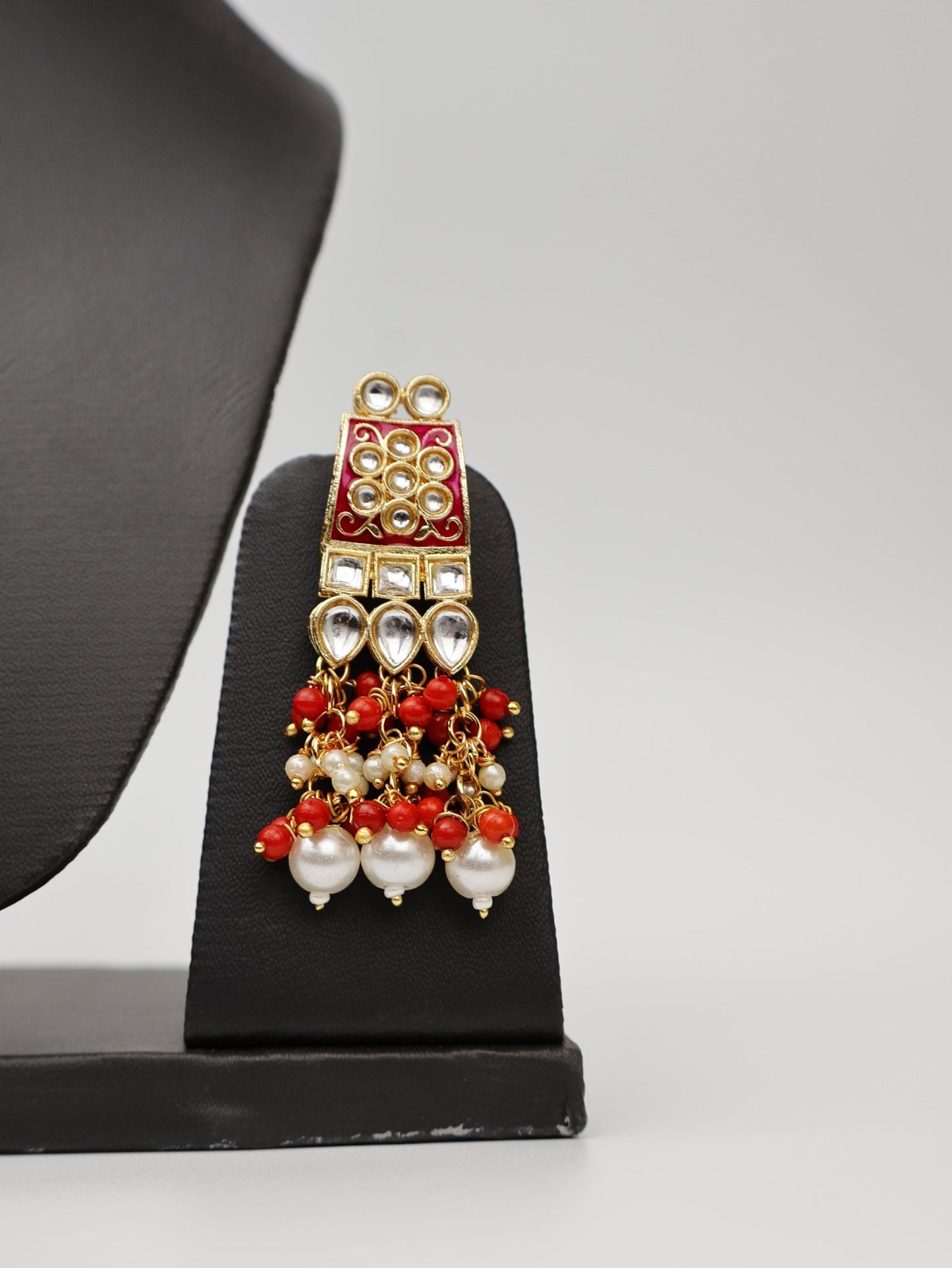 Red Meenakari Kundan & Pearl Necklace Set with Earrings & Mang Tikka. - UrbanNest Co