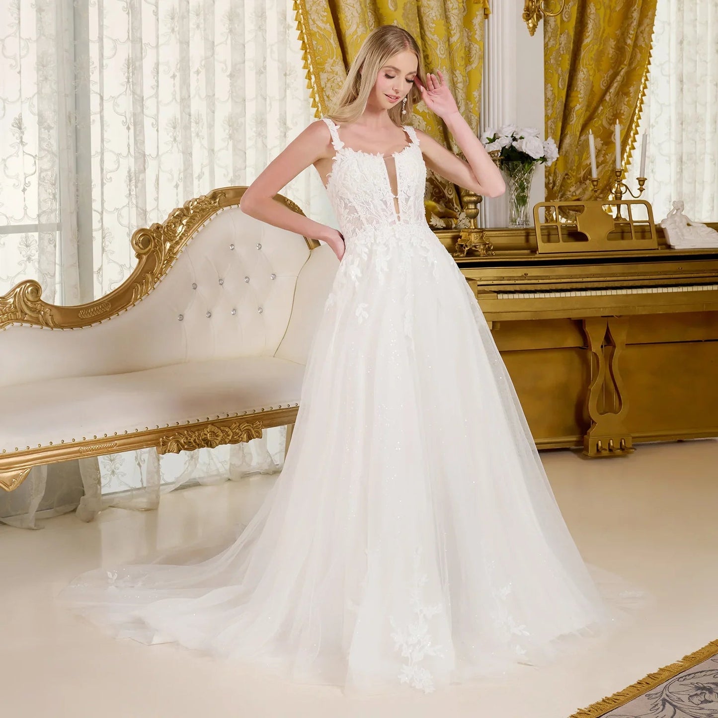 A - line wedding dress with V - neck and straps - UrbanNest Co