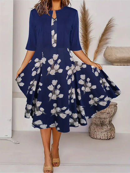 Two - piece long dress with floral and grass print, round neckline - UrbanNest Co