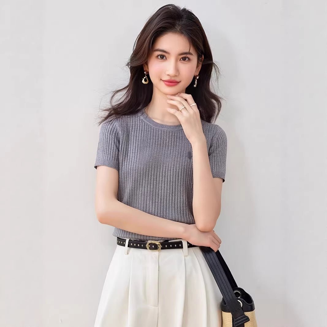 Chic Knit Crop Top with Heart Embroidery, Short Sleeve, Retro Cable Knit, Fitted Lightweight Tee for Women - UrbanNest Co
