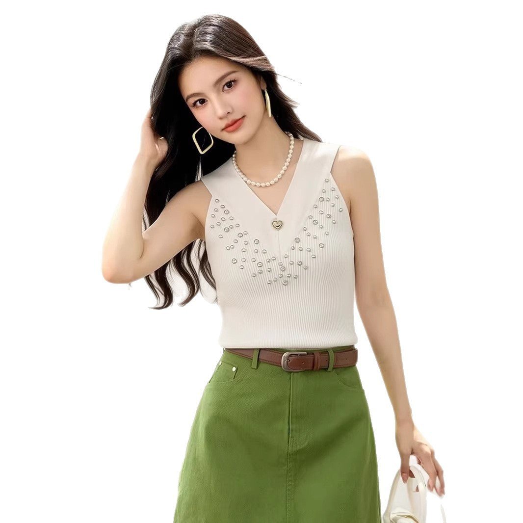 Designer Heavy Rhinestone Fashion Sexy Slim - Fitting V - Neck Knit Vest for Women, Spring and Summer Versatile Wear - UrbanNest Co
