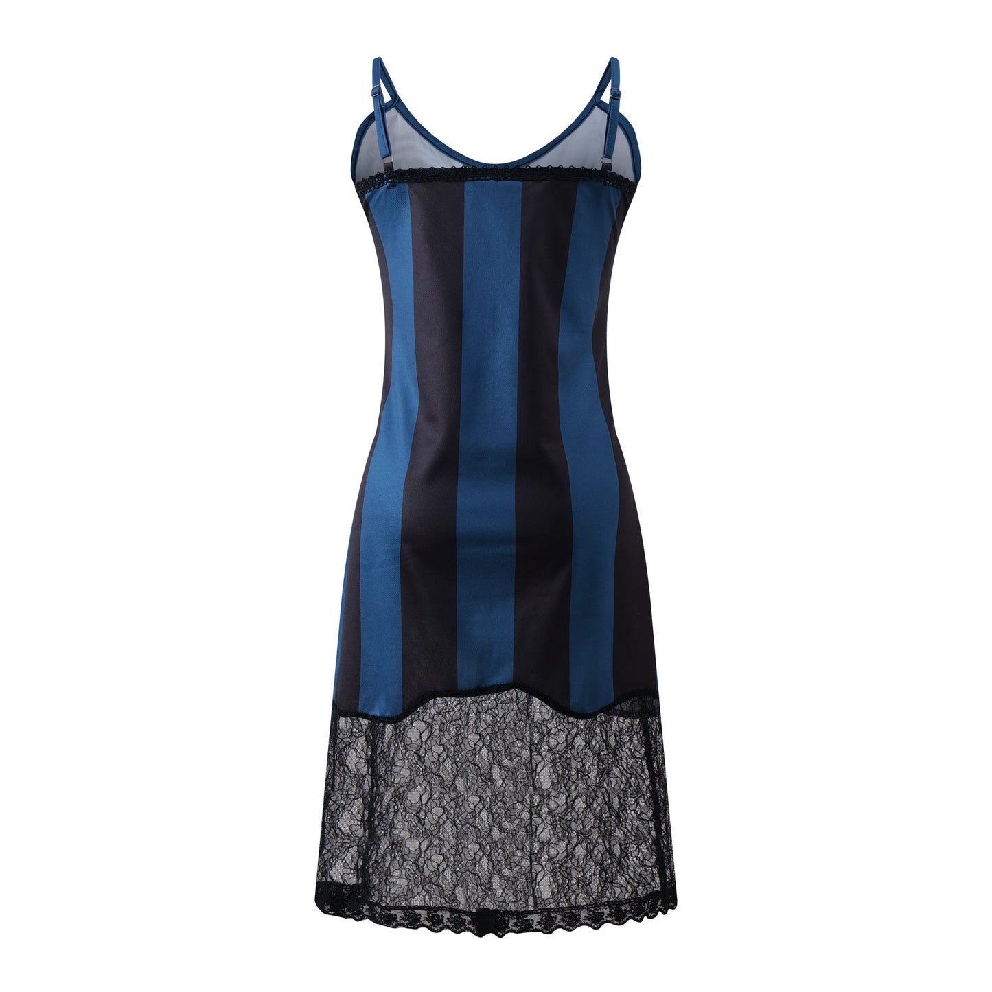 Blue and Black Striped Lace Spliced Strap Dress Slimming Mid - Length Dress - UrbanNest Co