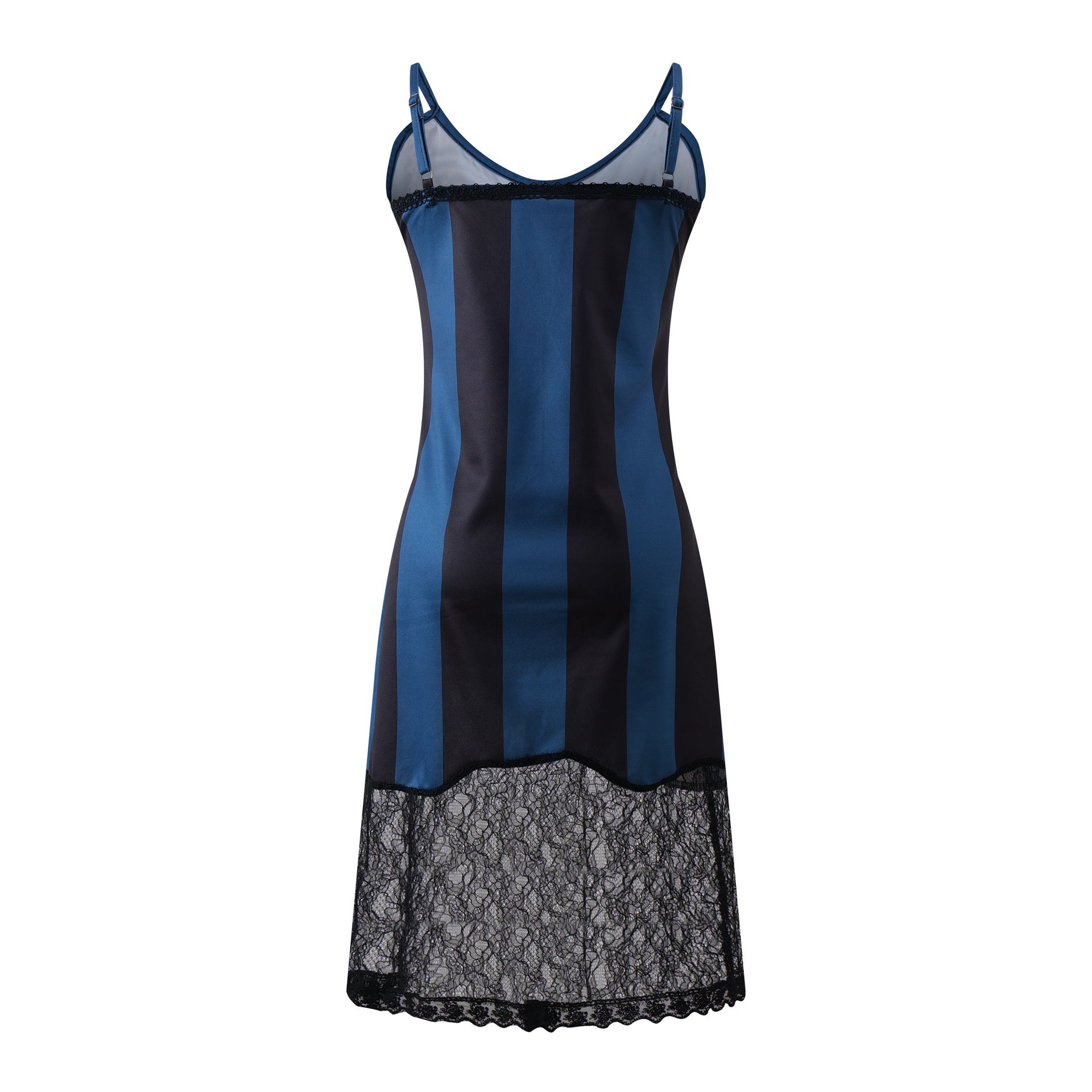 Blue and Black Striped Lace Spliced Strap Dress Slimming Mid - Length Dress - UrbanNest Co