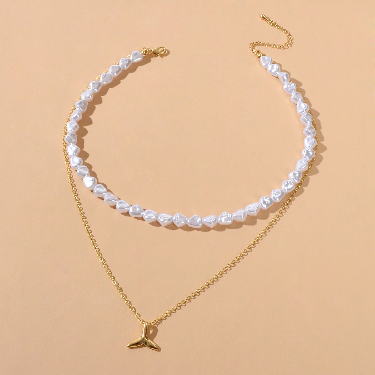 Textured Accessories Double layer Chain Pearl Choker Fish Tail Pendant Necklace - UrbanNest Co