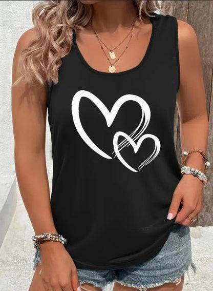 Hearts Print Crew Neck Tank Top, Casual Sleeveless Tank Top For - UrbanNest Co