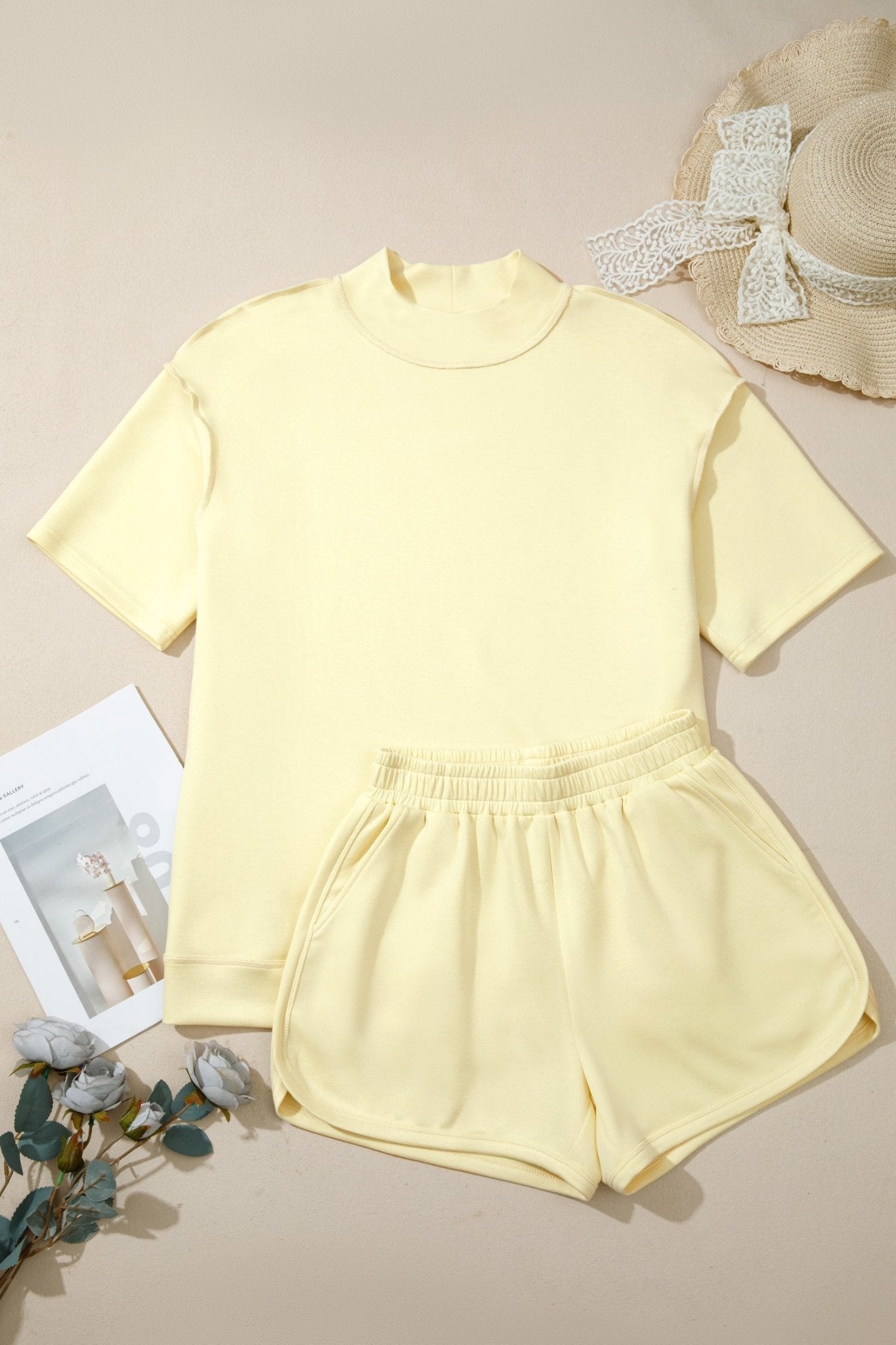 Solid Exposed Seam Mock Neck Tee & Shorts Set - UrbanNest Co