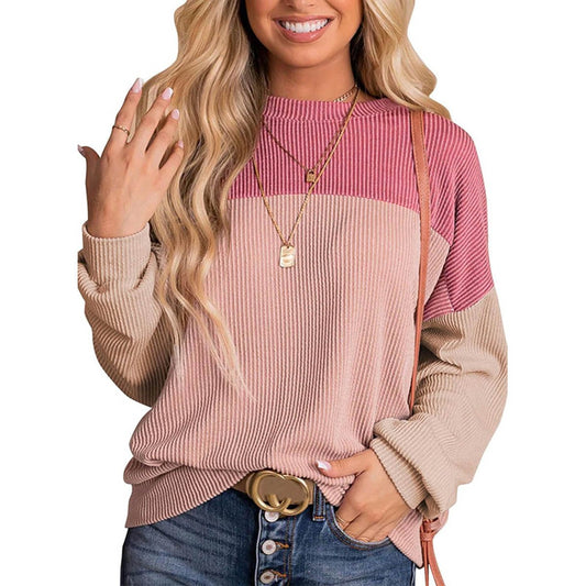 Womens Color Block Long Sleeve Crewneck Knitted Casual Pullover Tops - UrbanNest Co