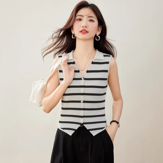 Vintage Stripe Color - block Polo Neck Knit Vest for Women, Summer Stylish Fitted Waist - cinching Versatile Top - UrbanNest Co