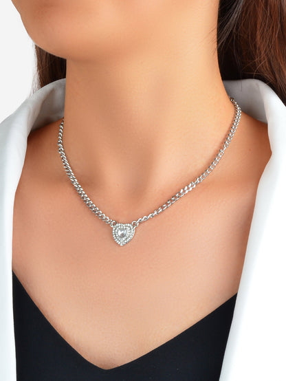 Textured Jewellery Silver Chain Full Rhinestone Heart Pendant Necklace Jewellery - UrbanNest Co