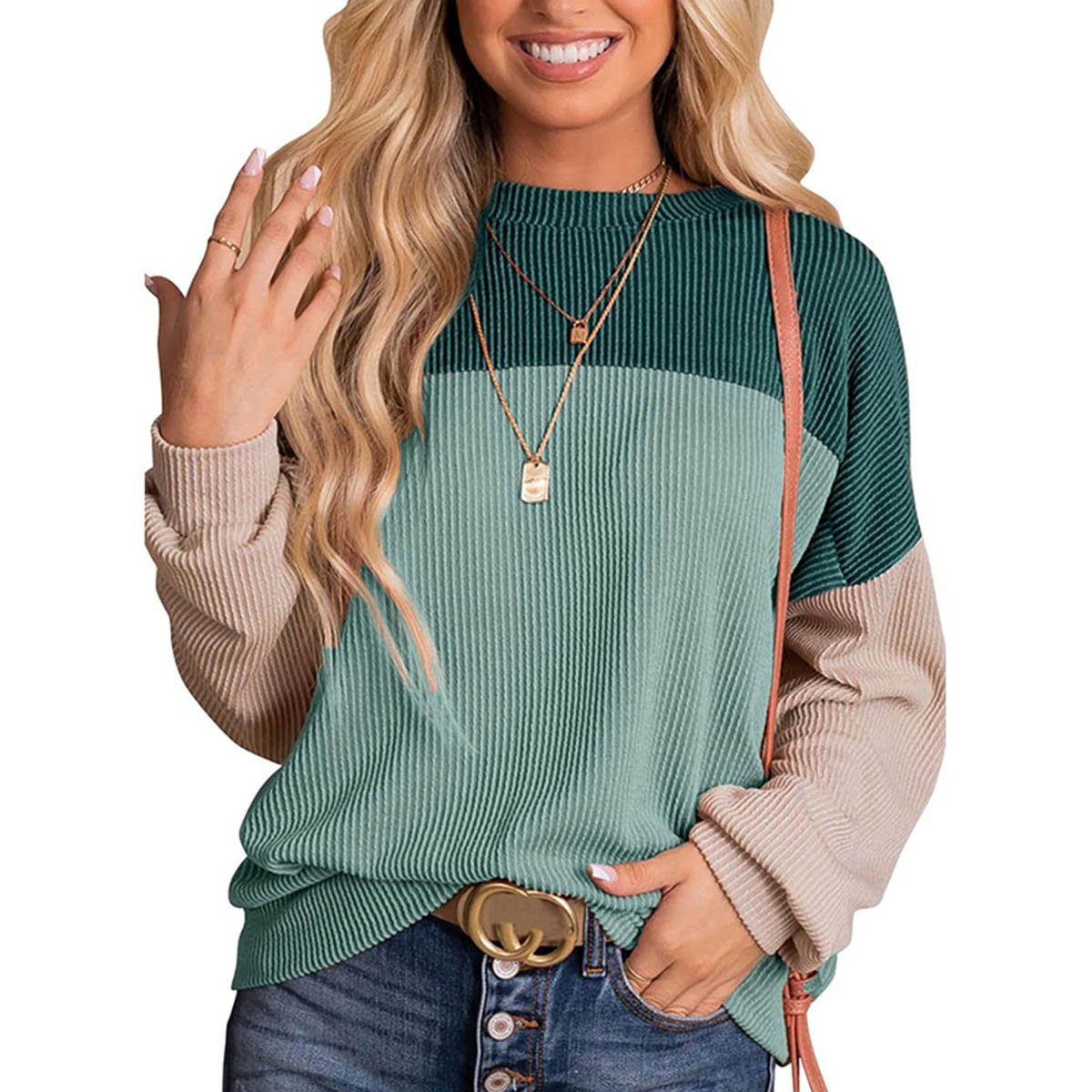 Womens Color Block Long Sleeve Crewneck Knitted Casual Pullover Tops - UrbanNest Co