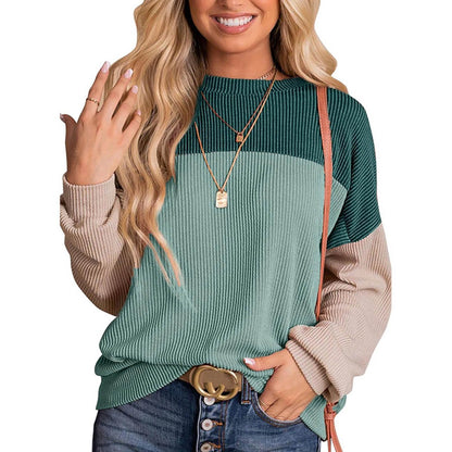 Womens Color Block Long Sleeve Crewneck Knitted Casual Pullover Tops - UrbanNest Co