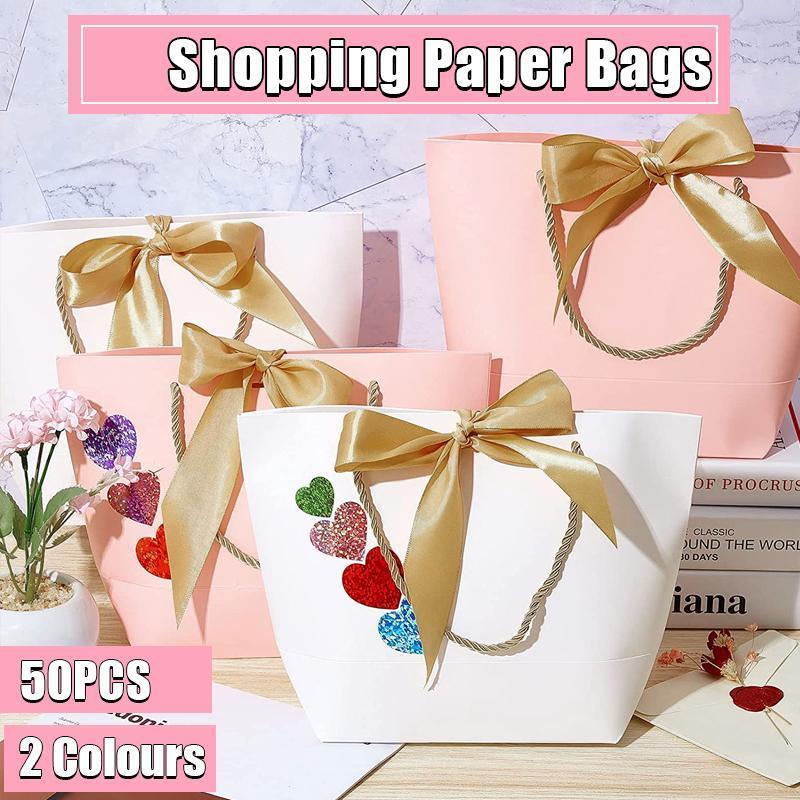 50PCS Paper Gift Bags with Ribbon Bow Handle 14x7x15cm White or Pink - UrbanNest Co