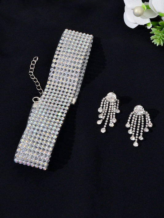 Silver Colour Full Crystal Short Choker Necklace & Tassel Earrings Jewellery Set - UrbanNest Co