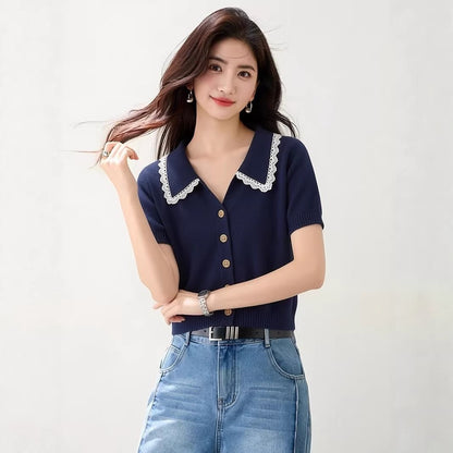 Navy Blue Lace Turn - Down Collar Knitted Short Sleeve T-Shirt for Women Summer Casual Top - UrbanNest Co