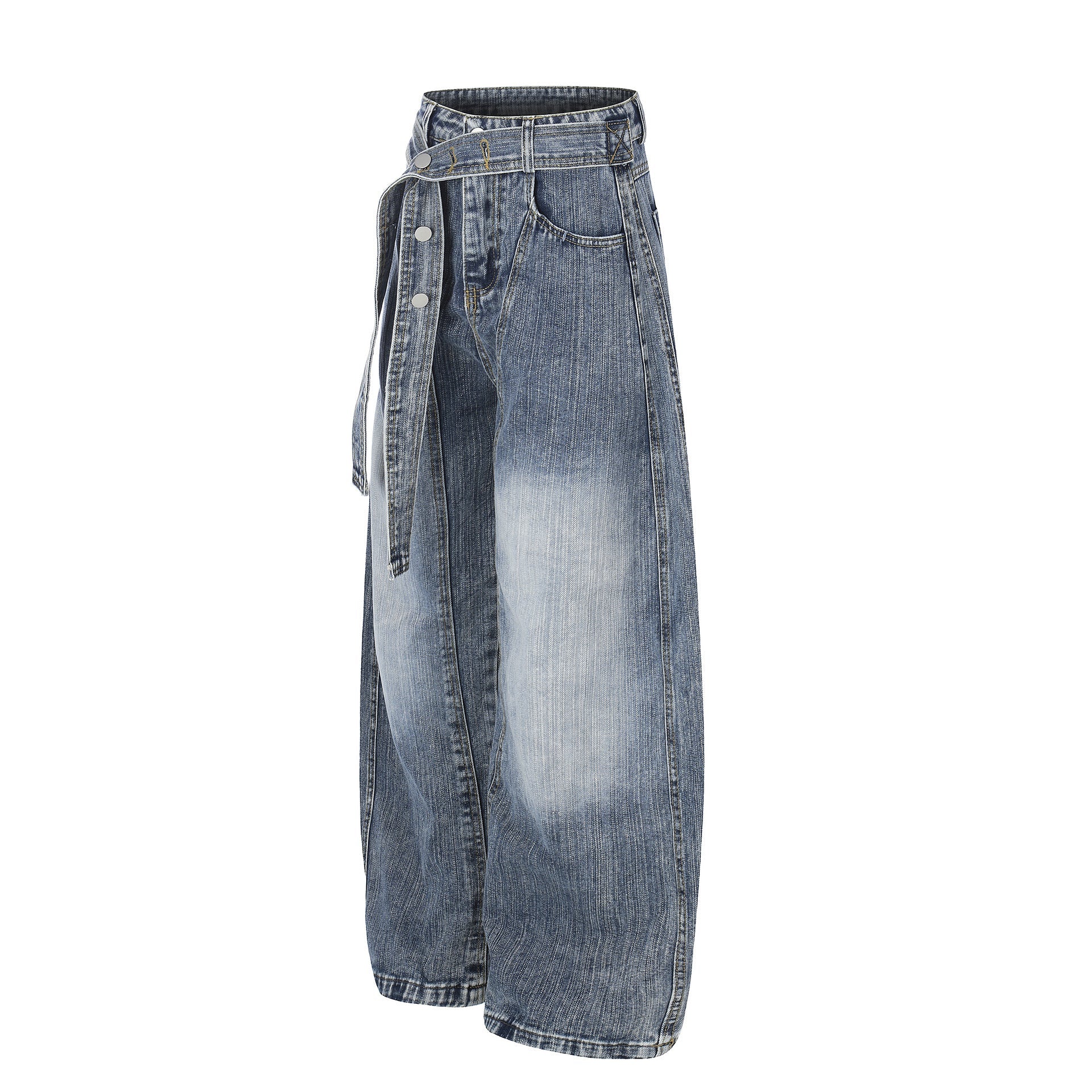 Washed White Cross Waist Belt Design Jeans Unisex Loose Wide Leg Knife - Edge Floor - Length Pants - UrbanNest Co
