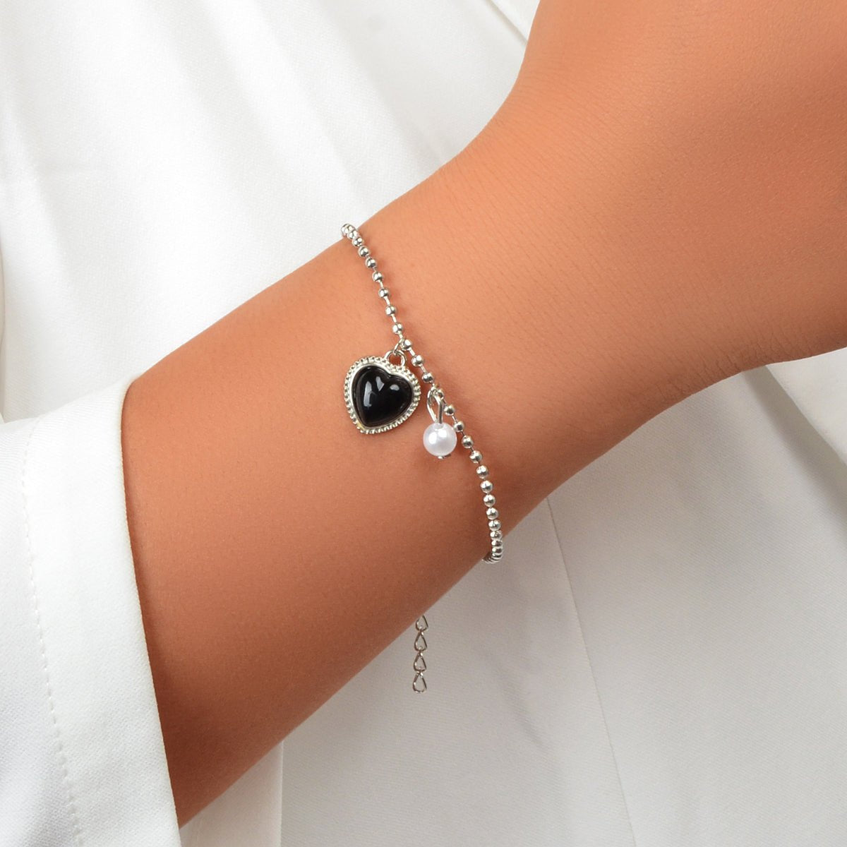Girlfriend Gift Jewellery Silver Popcorn Chain Pearl Black Heart Charm Bracelets - UrbanNest Co
