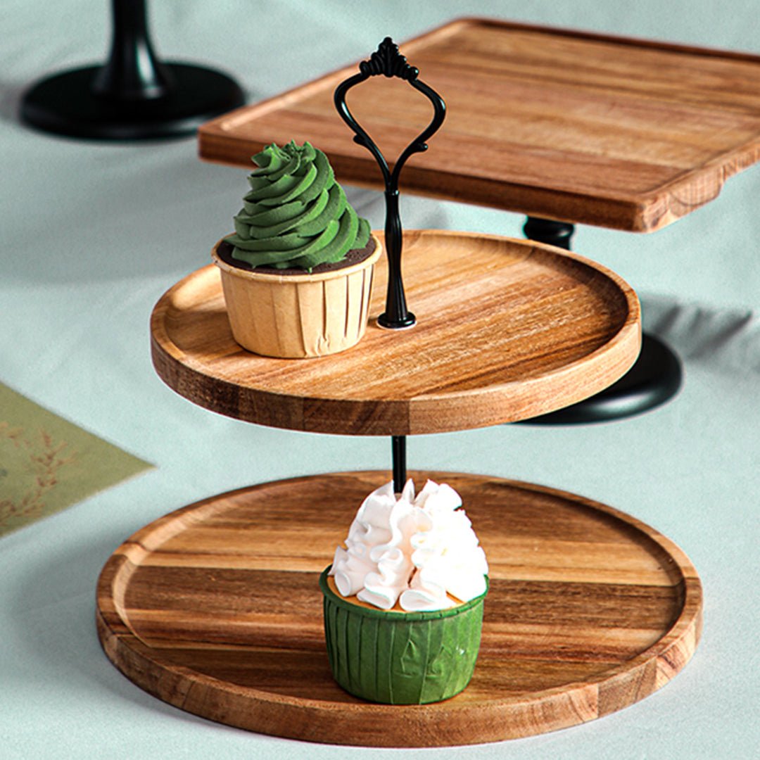 SOGA 2X 15cm 2 Tier Brown Round Wooden Acacia Dessert Tray Cake Snacks Cupcake Stand Buffet Serving Countertop Decor - UrbanNest Co